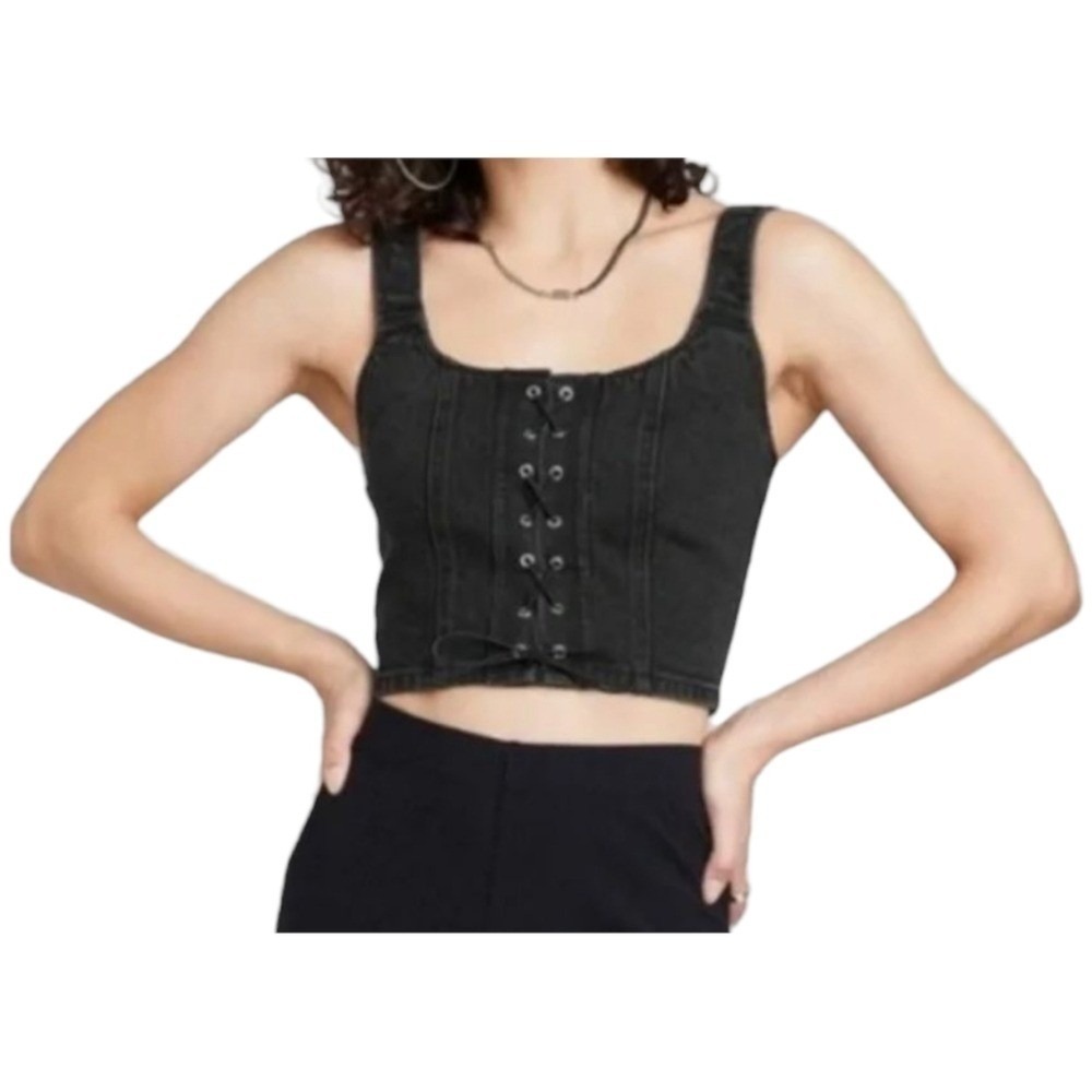 Wild Fable Womens Black Denim Crop Corset Top XXL Lace Up Festival Coachella